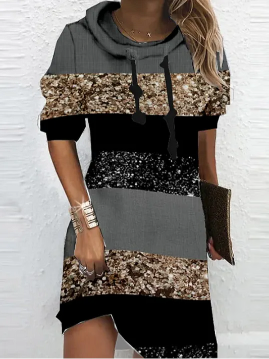 Women Color Block Long Sleeve Comfy Casual Midi Sweashirt Dress