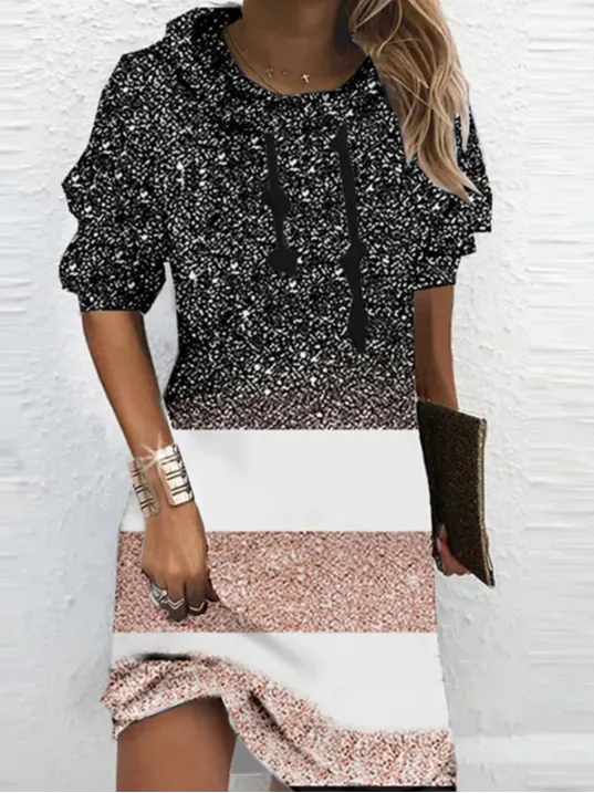 Women Color Block Long Sleeve Comfy Casual Midi Sweashirt Dress